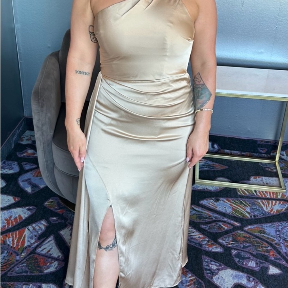 Azazie Champagne Stretch Satin Dress